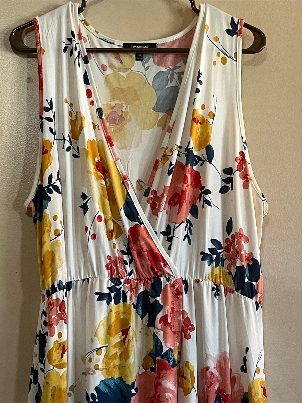 Sleeveless Asymmetrical Wrap Dress in White with Yellow & Coral Floral